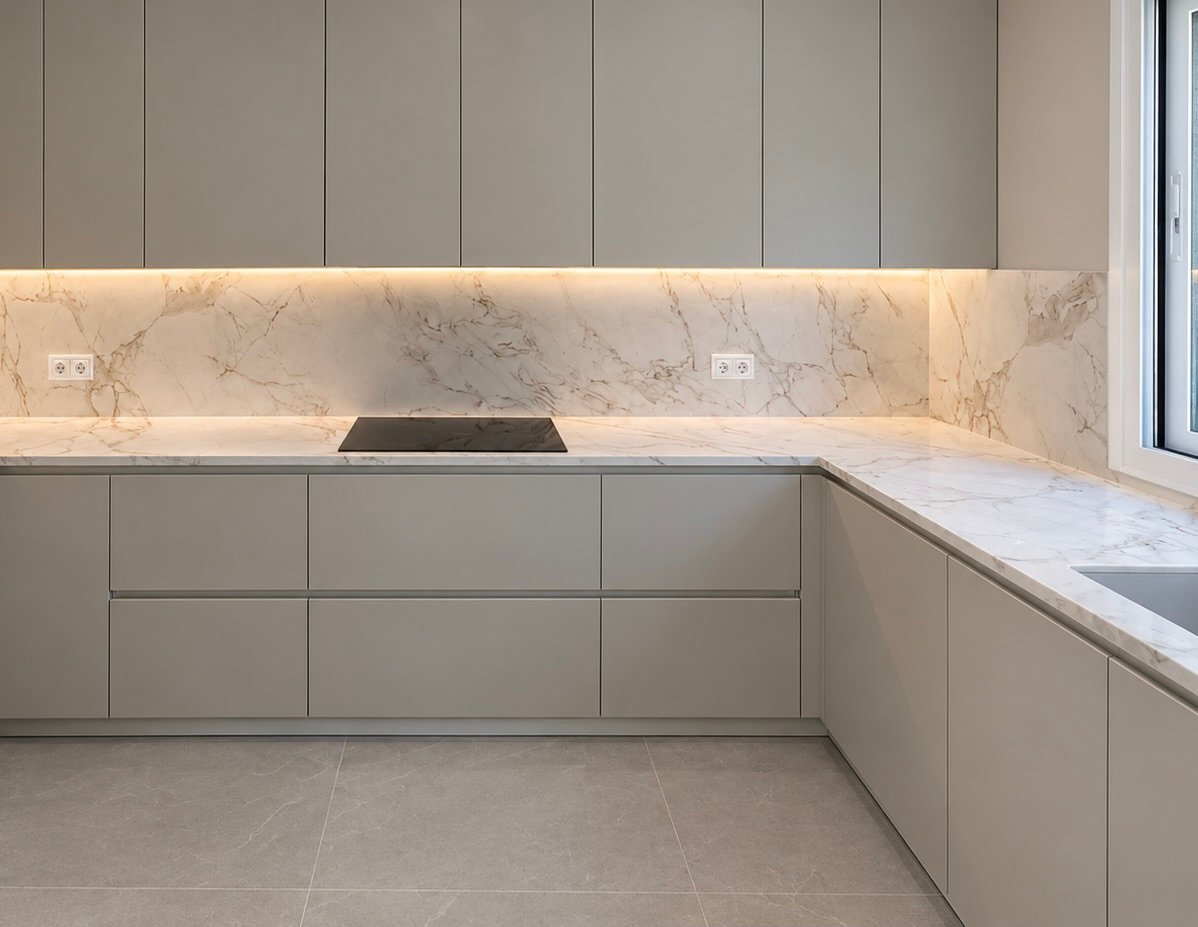 Grey kitchen with a white stone worktop, Fuengirola